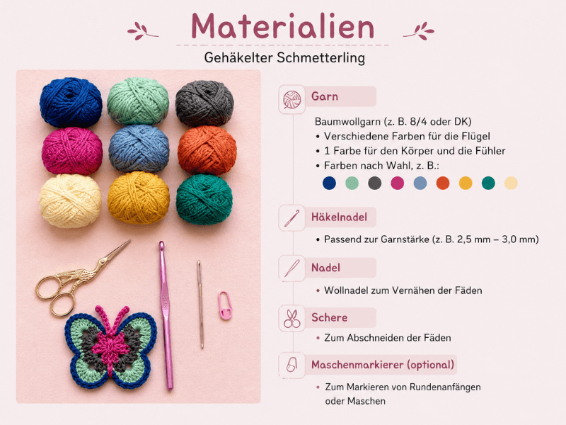 Materialien zum Häkeln eines bunten Schmetterlings mit Garn, Häkelnadel und Schere