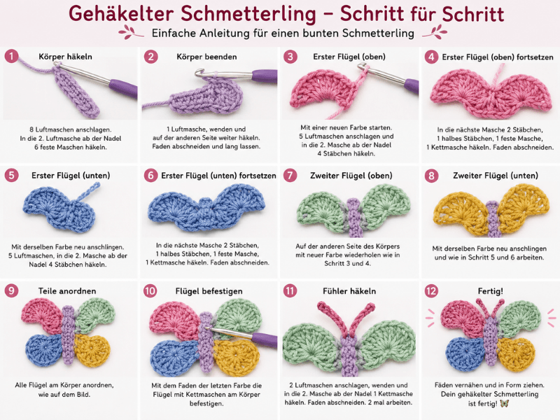 Gehäkelter Schmetterling Schritt für Schritt mit Körper, Flügeln und Fühlern