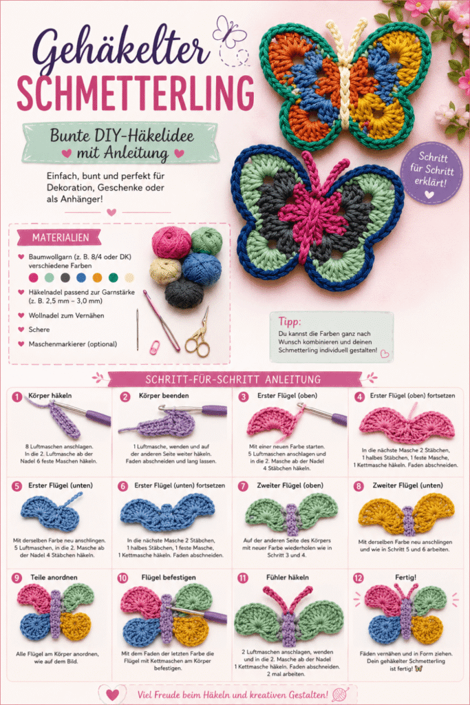 Gehäkelter Schmetterling – bunte DIY-Häkelidee mit Anleitung und Materialien