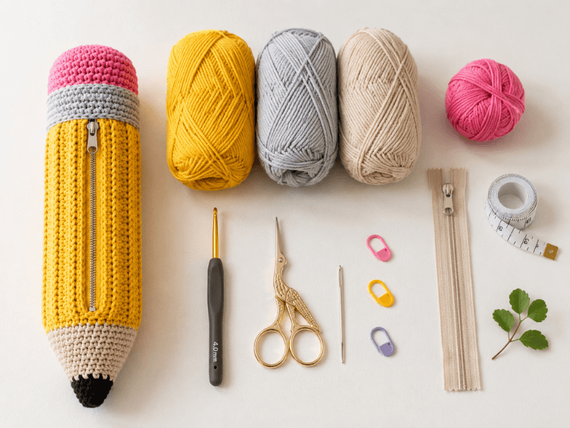 Materialien für ein gehäkeltes Bleistift-Etui mit Garn, Häkelnadel, Schere, Wollnadel und Reißverschluss