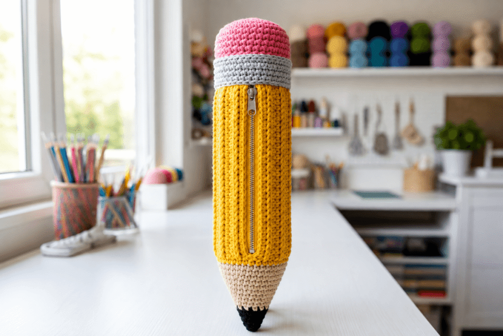 Gehäkeltes Bleistift-Etui in Form eines Bleistifts mit gelbem Körper, rosa Radiergummi und Reißverschluss