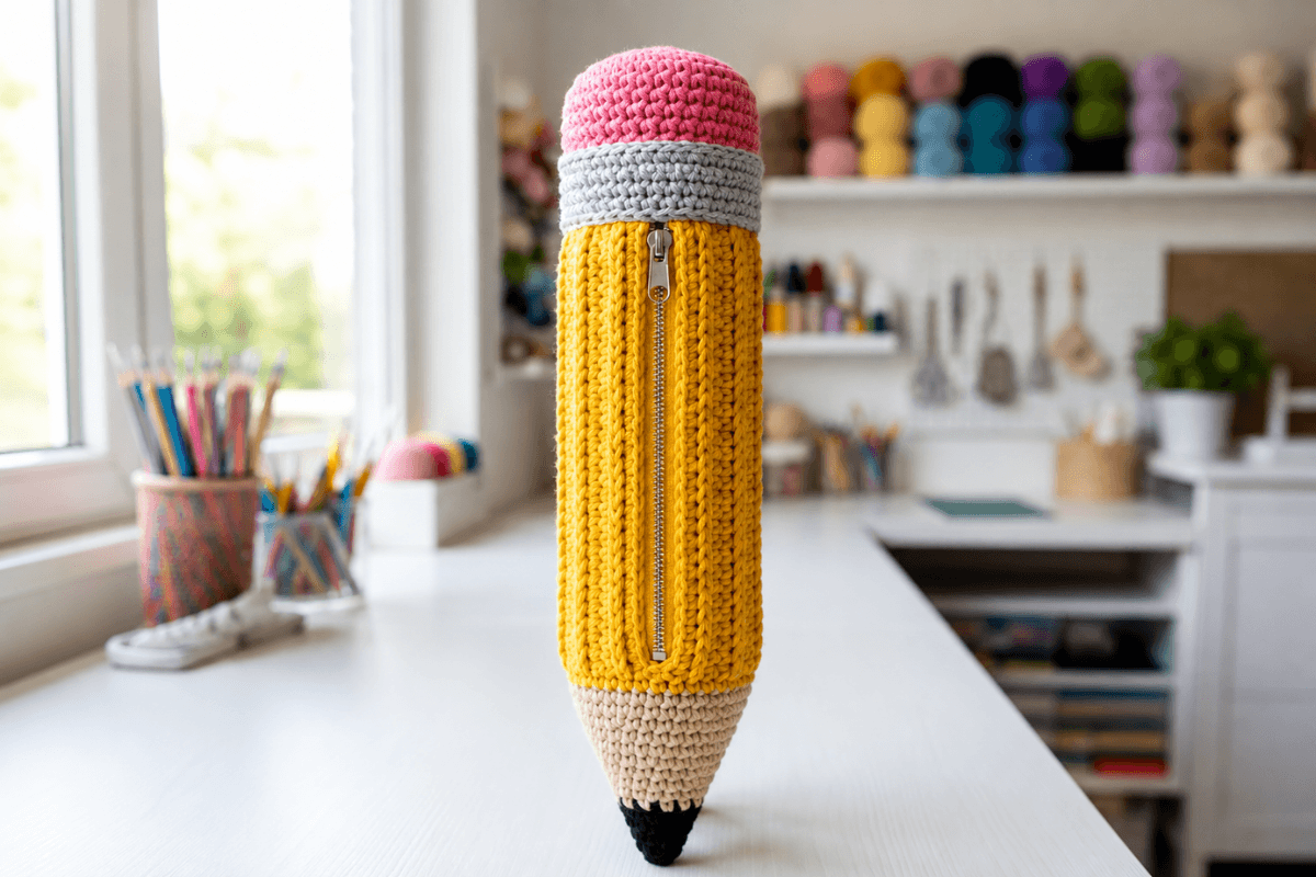 Gehäkeltes Bleistift-Etui in Form eines Bleistifts mit gelbem Körper, rosa Radiergummi und Reißverschluss