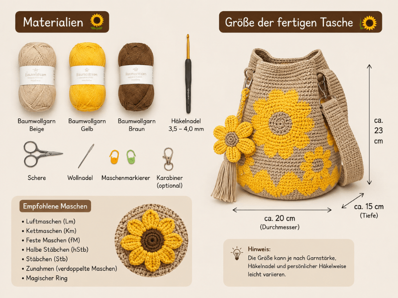 Materialien für eine Häkel-Blumentasche mit Sonnenblumen