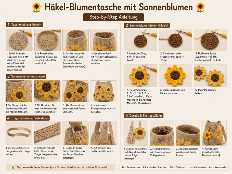 Schritt-für-Schritt-Anleitung für eine Häkel-Blumentasche mit Sonnenblumen