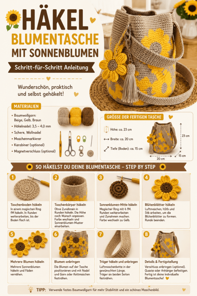 Häkel-Blumentasche mit Sonnenblumen – Schritt-für-Schritt-Anleitung