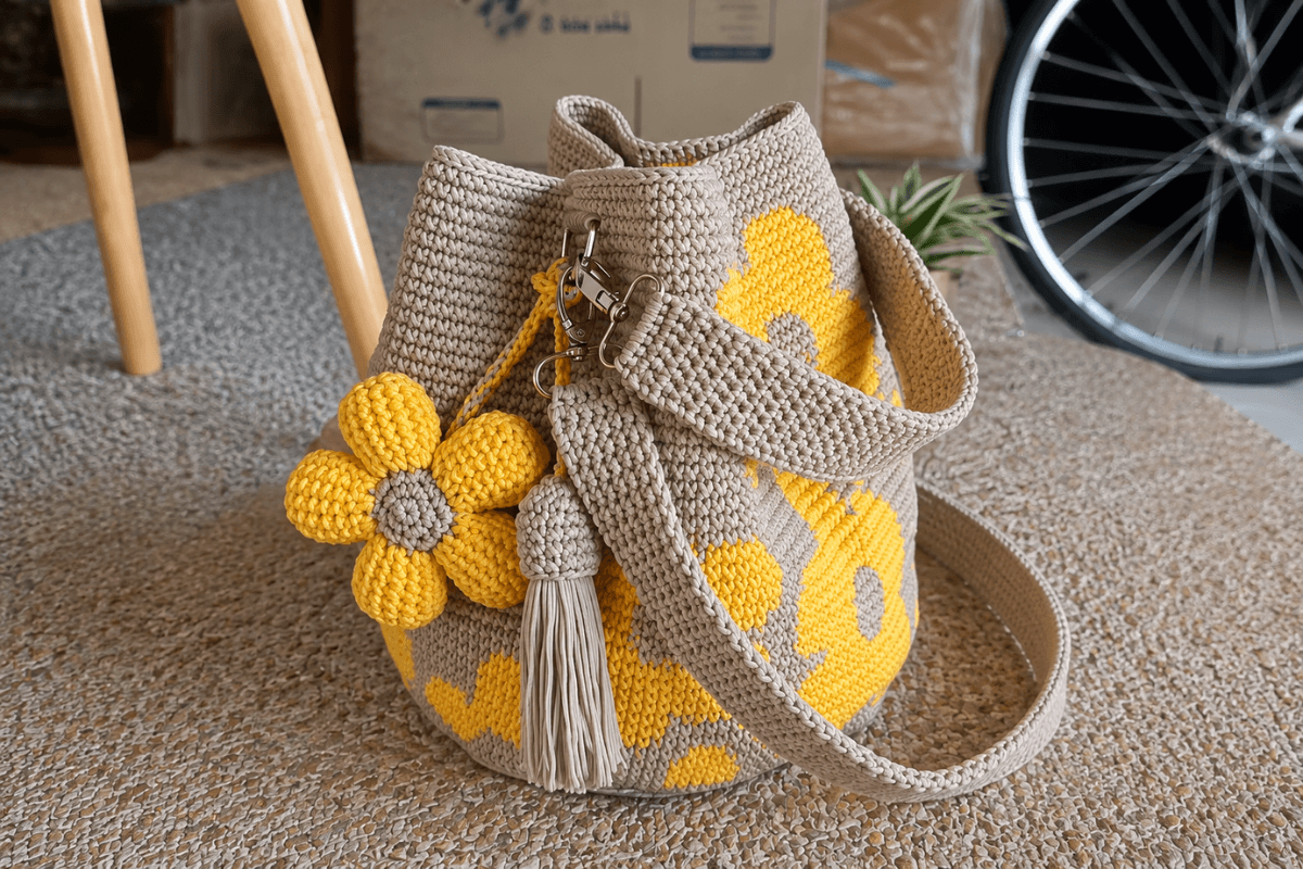 Häkel-Blumentasche mit Sonnenblumen in Beige und Gelb