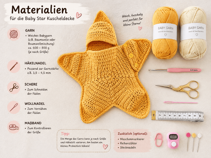 Materialien für eine Baby Star Kuscheldecke mit Garn, Häkelnadel, Schere und Wollnadel