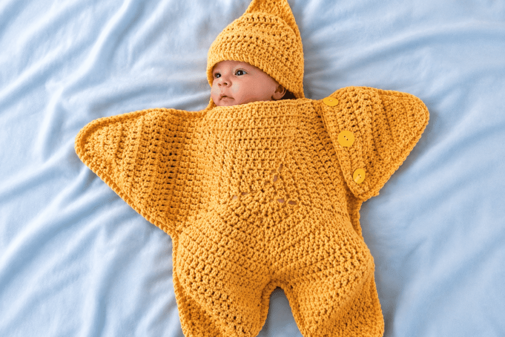 Häkelanleitung für Baby Star Kuscheldecke in Sternform mit passender Mütze