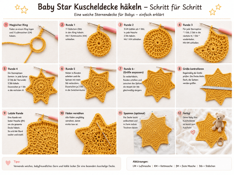Baby Star Kuscheldecke häkeln Schritt für Schritt mit Sternform und Häkelmaschen