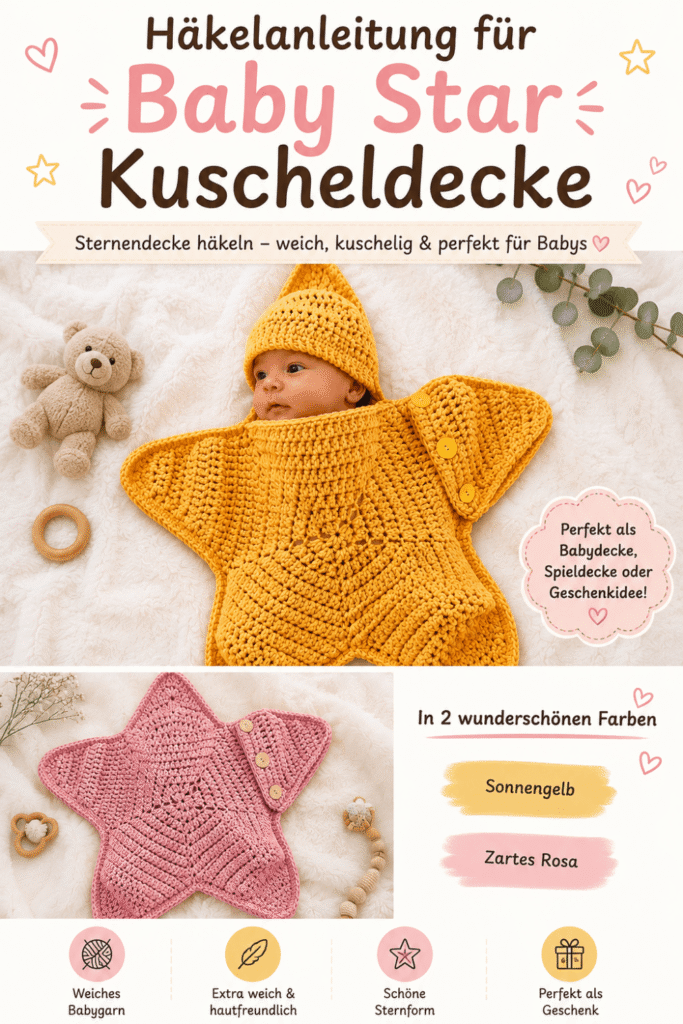 Häkelanleitung für Baby Star Kuscheldecke in Gelb und Rosa