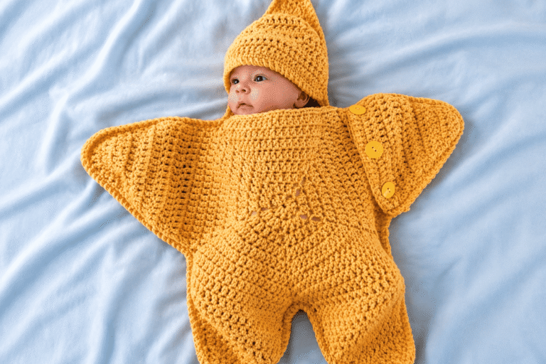 Häkelanleitung für Baby Star Kuscheldecke in Sternform mit passender Mütze