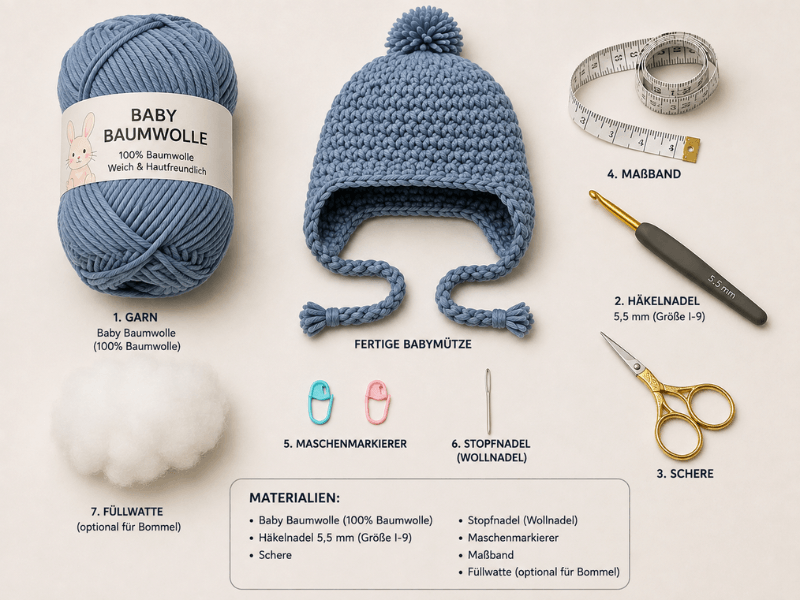 Material für eine Häkelanleitung für eine Babymütze mit Garn und Häkelnadel