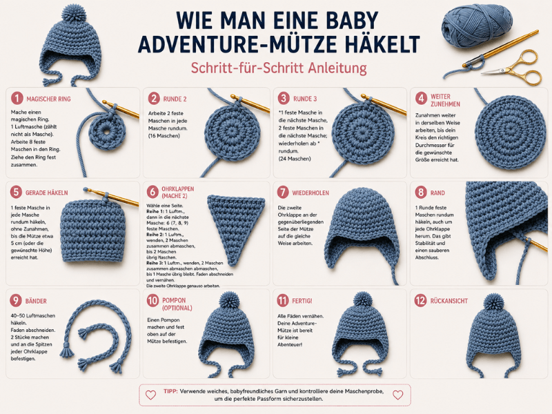 Häkelanleitung für eine Babymütze Schritt für Schritt mit Ohrenklappen