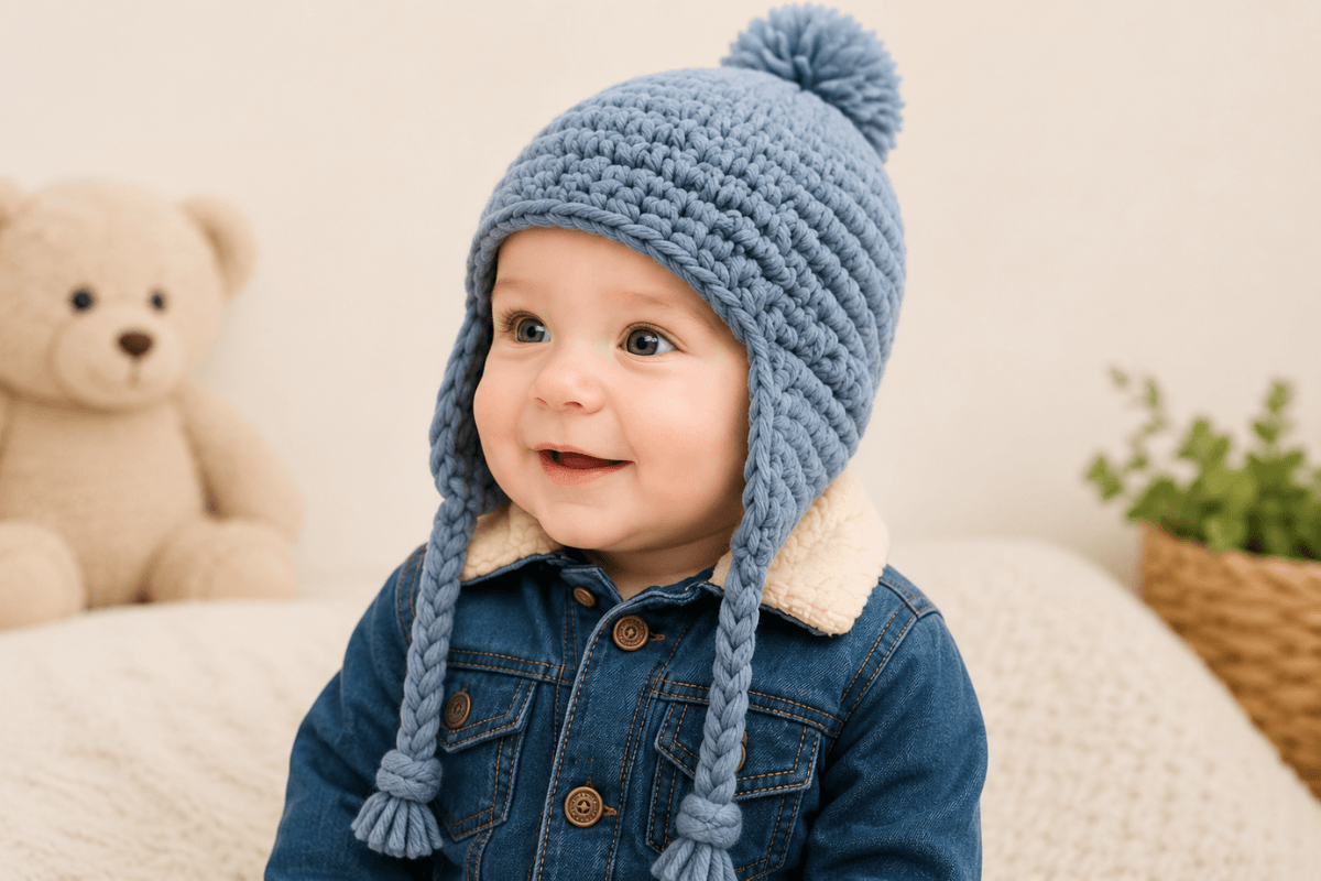 Häkelanleitung für eine Babymütze mit blau gehäkelter Mütze und Ohrenklappen