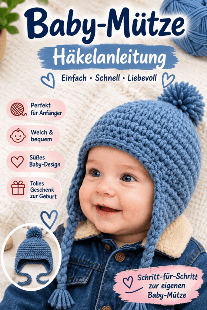 Häkelanleitung für eine Babymütze mit fertigem Ergebnis am Baby