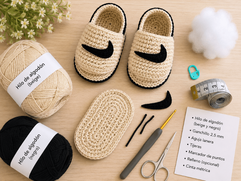 Materialien zum Häkeln von Babysandalen für 0 bis 6 Monate