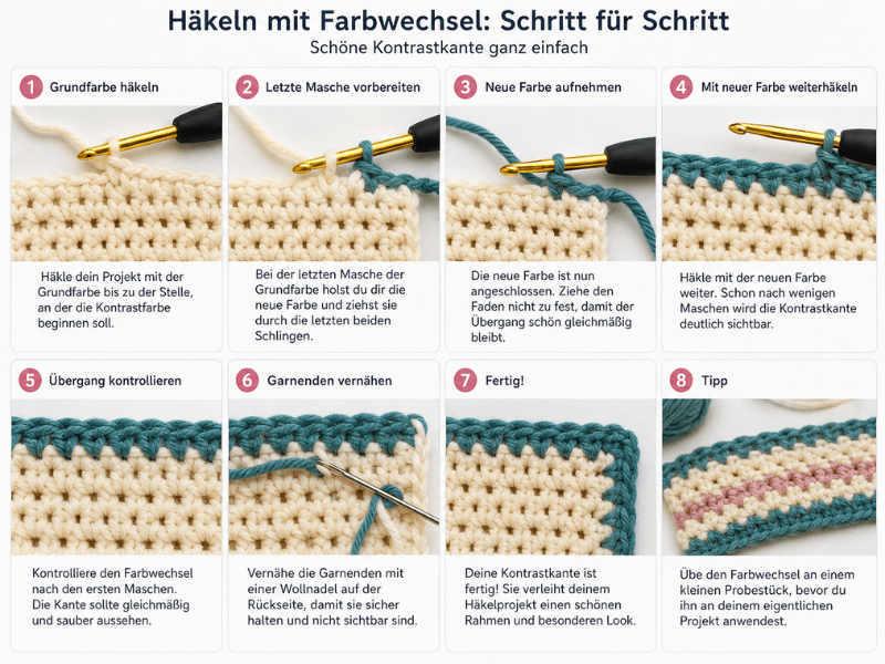 Häkeln mit Farbwechsel Schritt für Schritt zur Kontrastkante