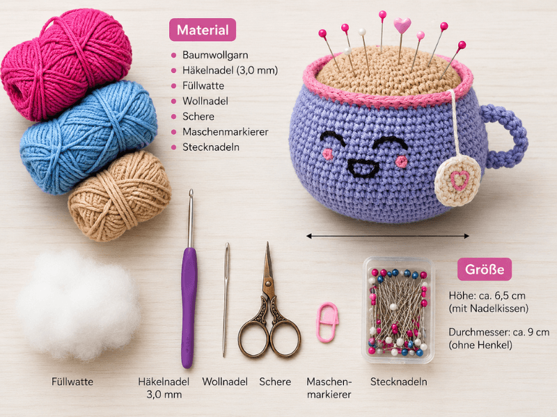 Material zum Nadelkissen häkeln mit Garn, Häkelnadel, Schere, Nähnadel und Füllmaterial