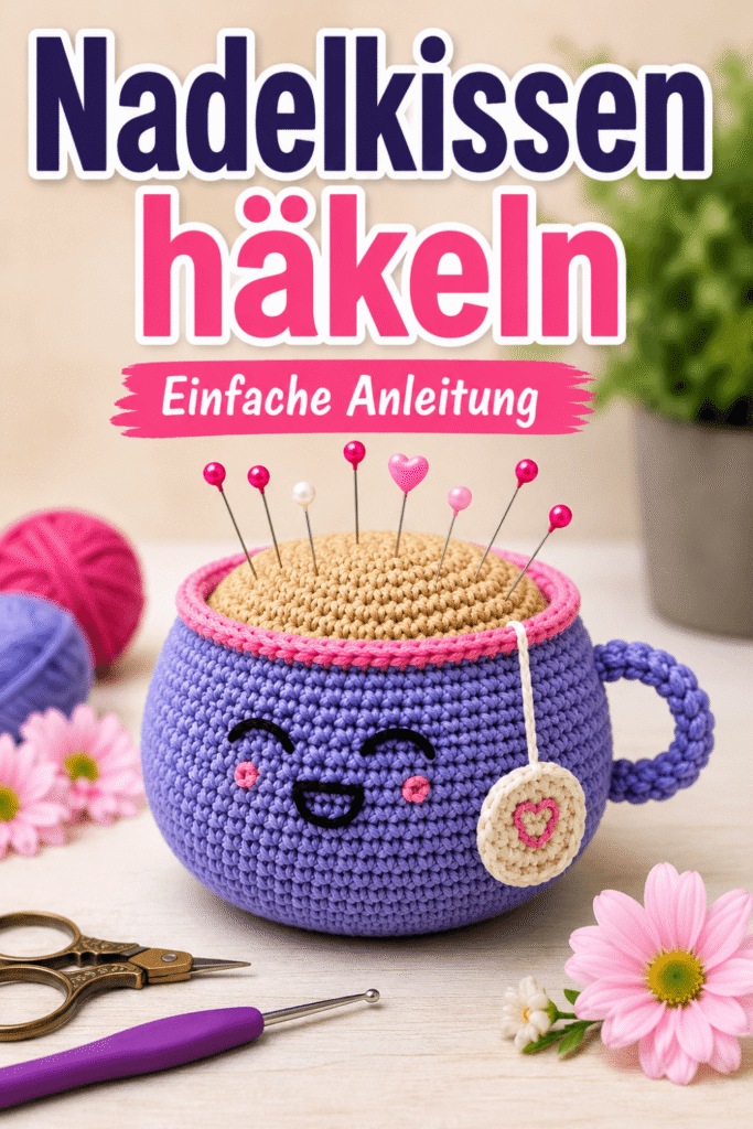 Nadelkissen häkeln mit fertigem lilafarbenem Nadelkissen und dekorativen Stecknadeln