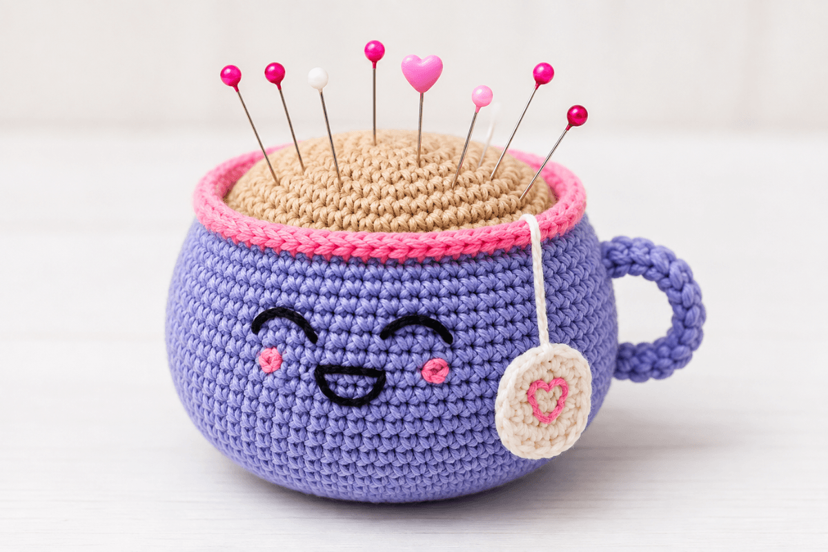 Nadelkissen häkeln als praktisches DIY mit lilafarbener Häkel-Tasse und Stecknadeln