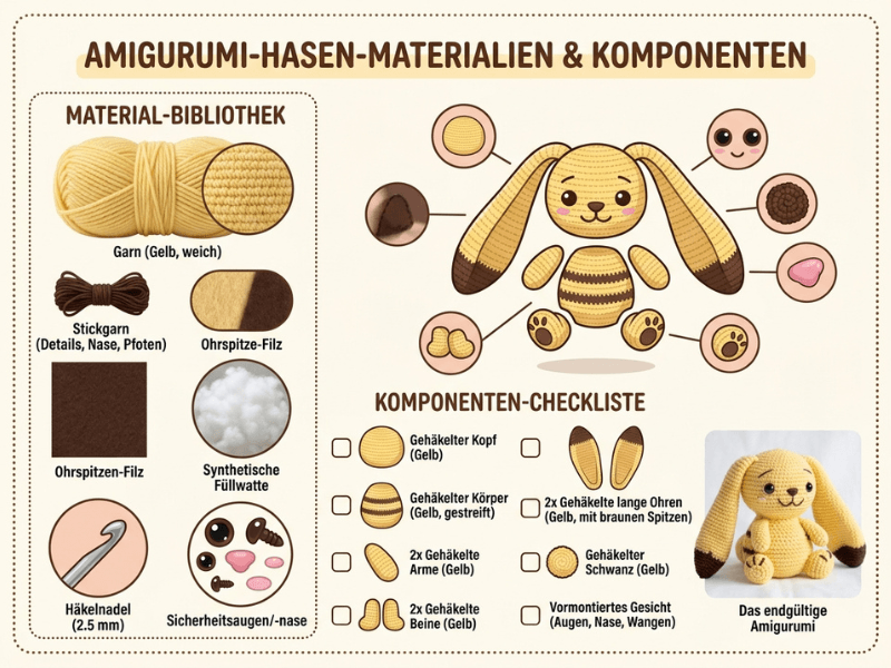 Foto der echten Materialien für die Anfänger-Pikachu-Häkelanleitung übersichtlich platziert.