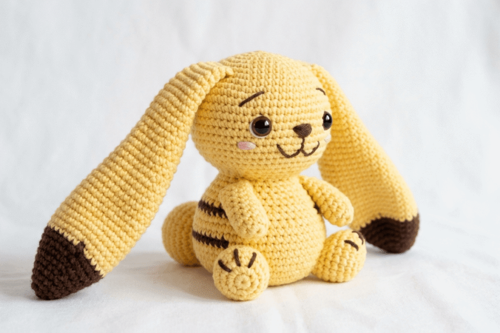 Fertig gehäkeltes gelbes Amigurumi nach der Pikachu-Häkelanleitung für Anfänger.