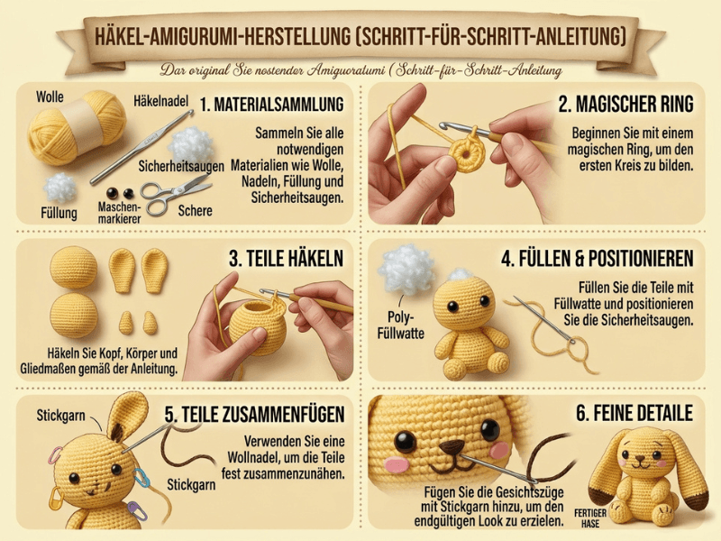 Realistische Produktfotografie der Materialien für das Amigurumi-Häschen auf hellem Hintergrund.