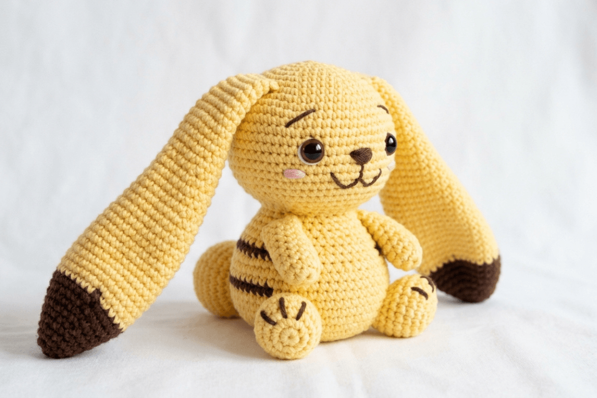 Fertig gehäkeltes gelbes Amigurumi nach der Pikachu-Häkelanleitung für Anfänger.