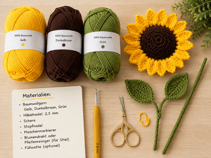 Materialien zum Häkeln einer Sonnenblume mit gelbem, braunem und grünem Garn