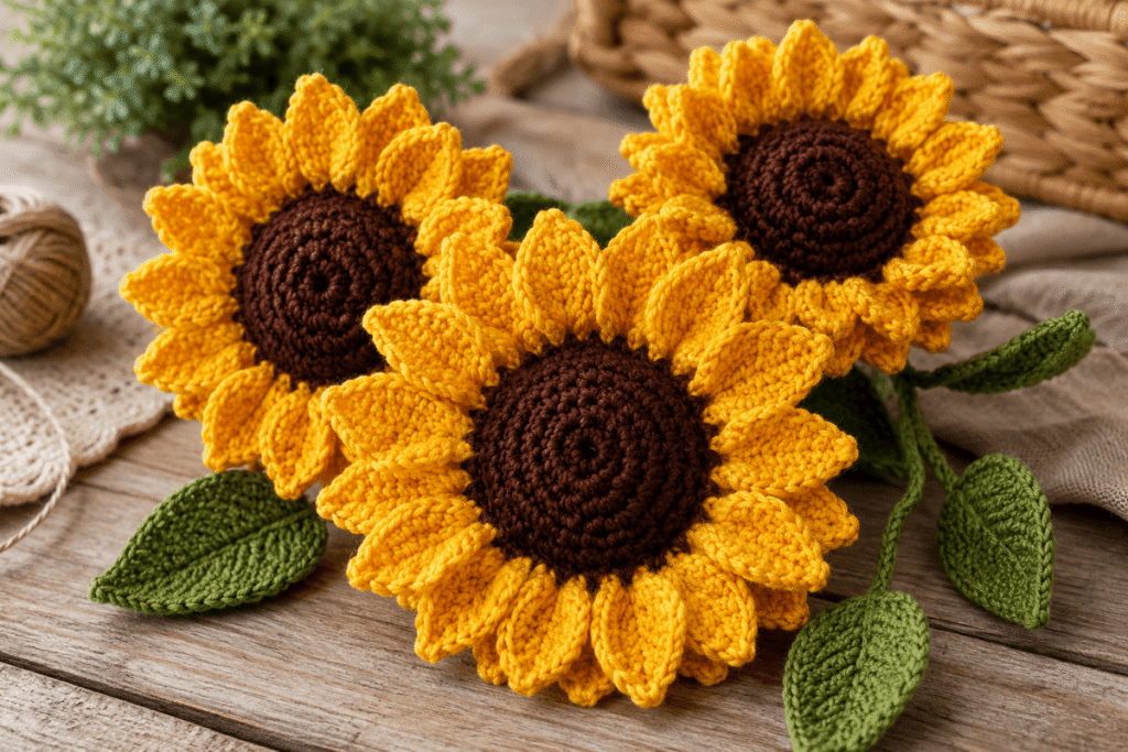 Gehäkelte Sonnenblumen mit gelben Blütenblättern und grünen Blättern