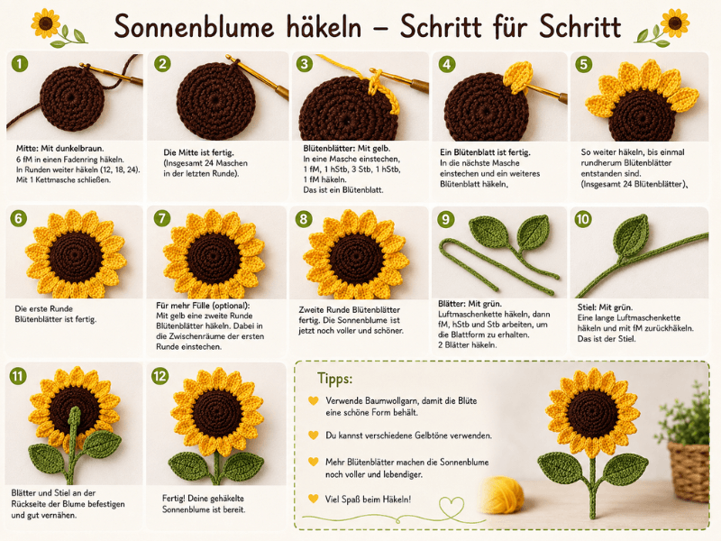 Sonnenblume häkeln Schritt für Schritt mit Blütenblättern, Stiel und Blättern