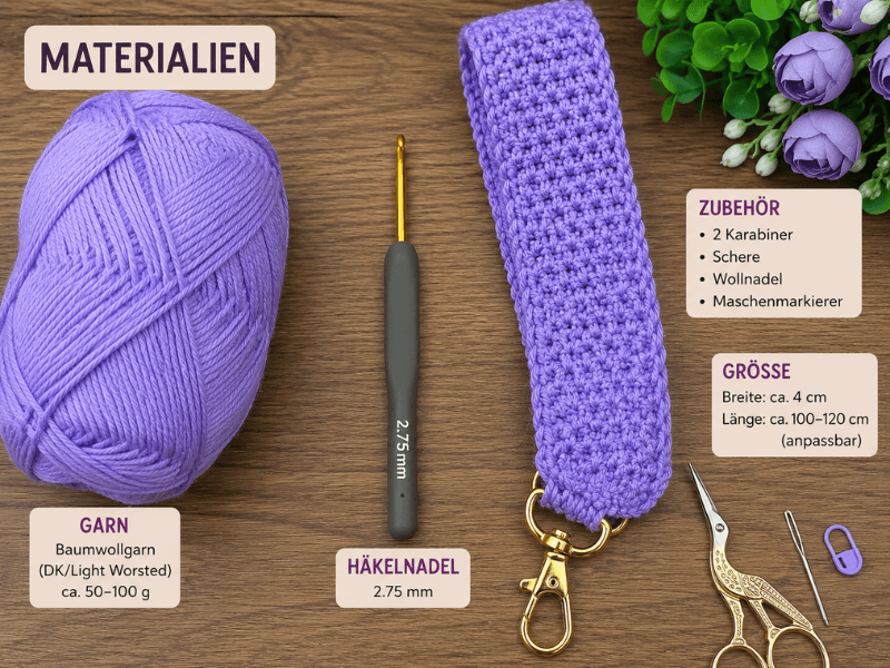 Material zum Häkeln eines Taschenriemens mit lilafarbenem Garn und 2,75 mm Häkelnadel