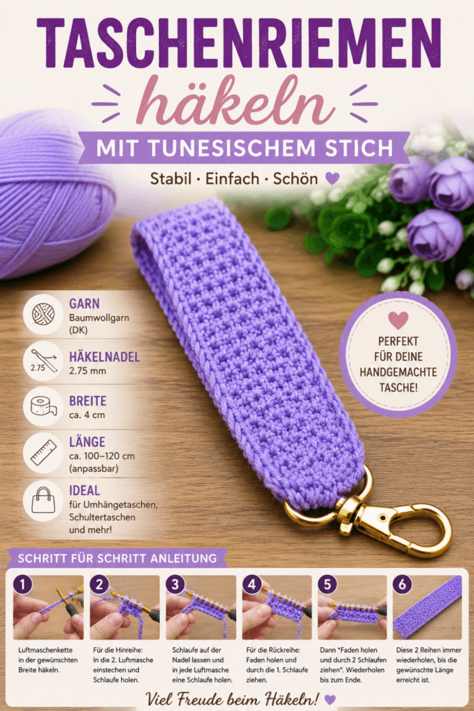 Stabilen Taschenriemen häkeln mit tunesischem Stich und 2,75 mm Häkelnadel