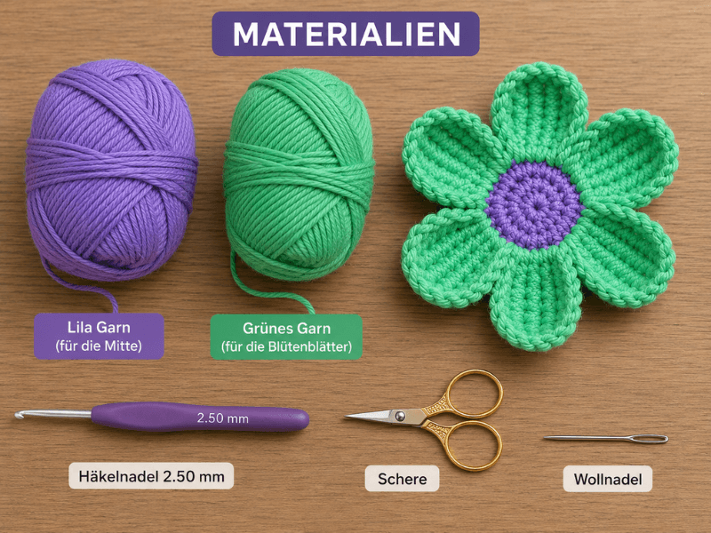 Material zum Häkeln einer zweifarbigen Blume mit grünem und lila Garn und 2,50 mm Häkelnadel