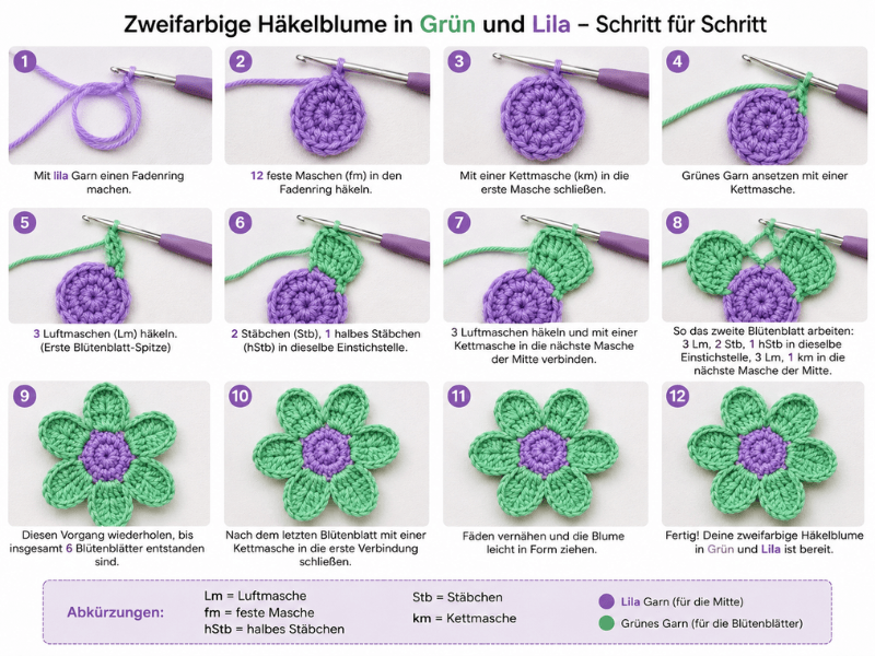 Zweifarbige Häkelblume in Grün und Lila Schritt für Schritt häkeln