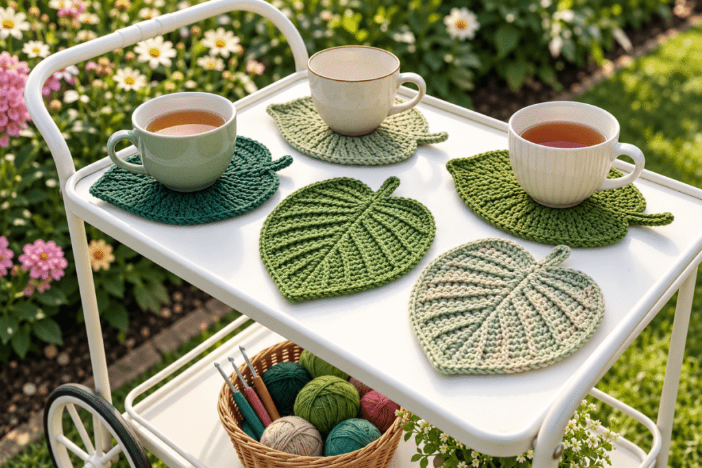 13 gehäkelte Untersetzer in Blattform für deinen Gartentisch