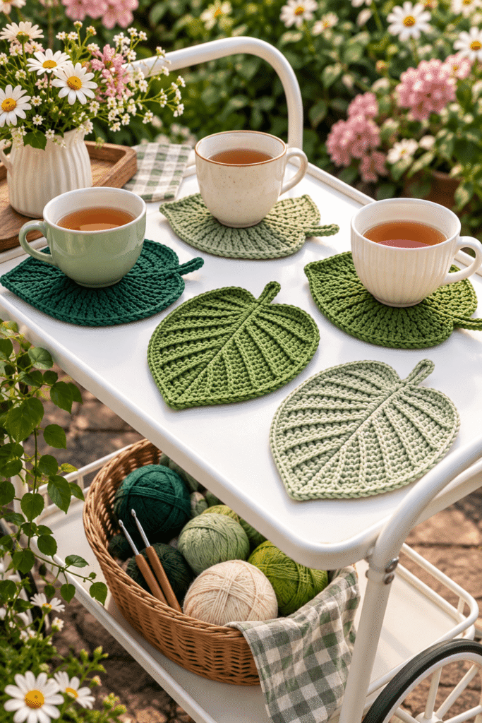 13 gehäkelte Untersetzer in Blattform für deinen Gartentisch