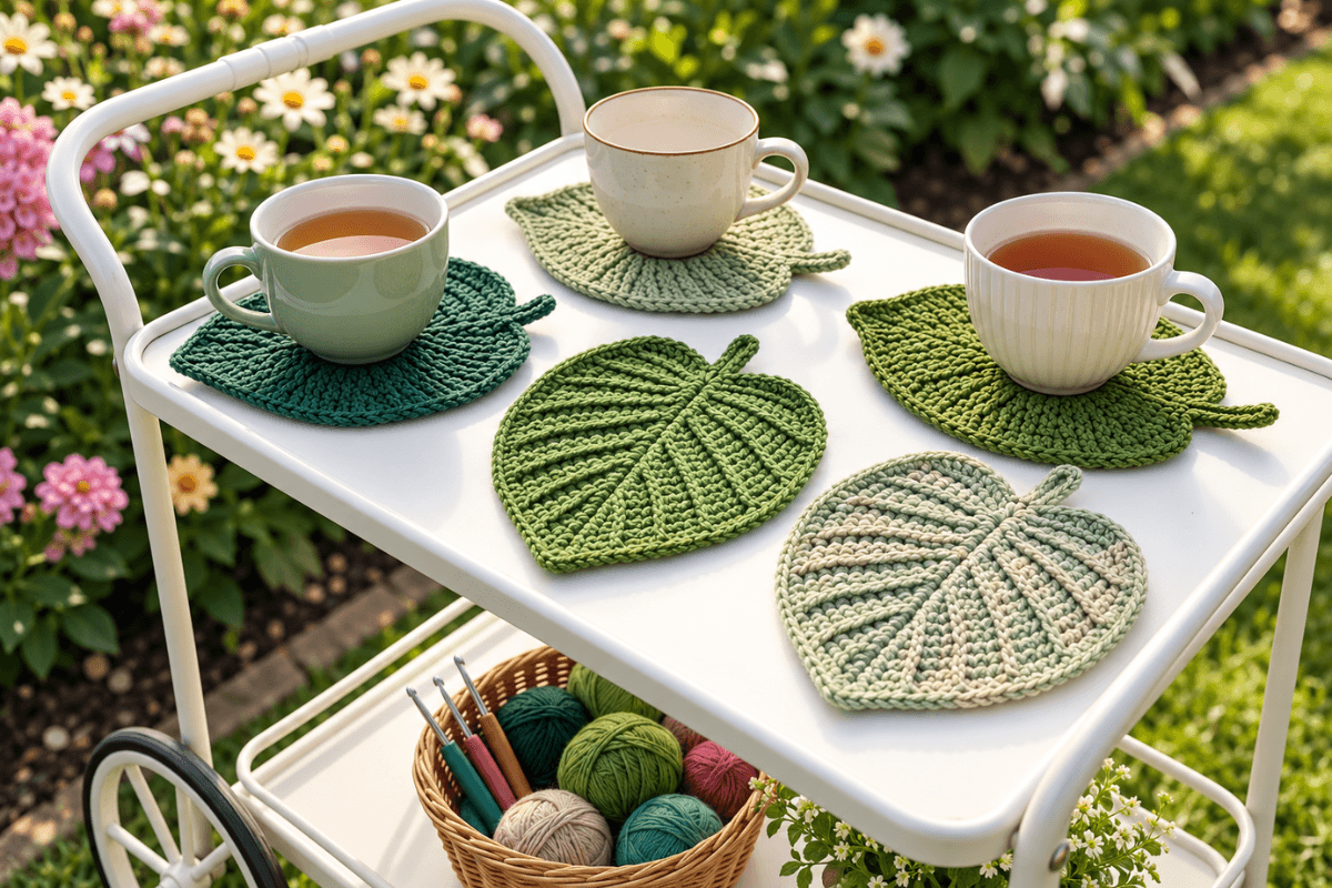 13 gehäkelte Untersetzer in Blattform für deinen Gartentisch