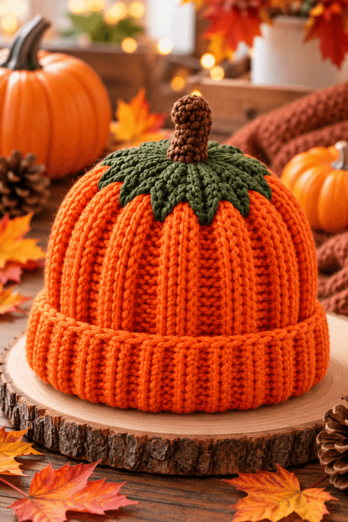 Fertige gehäkelte Kürbis-Mütze für Anfänger im Herbststil