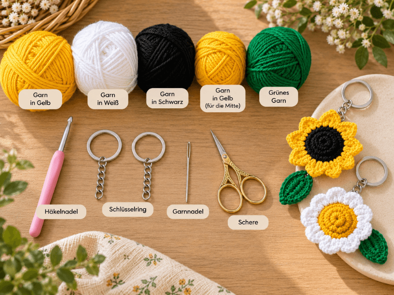 Material für gehäkelte Blumen-Schlüsselanhänger mit Blättern