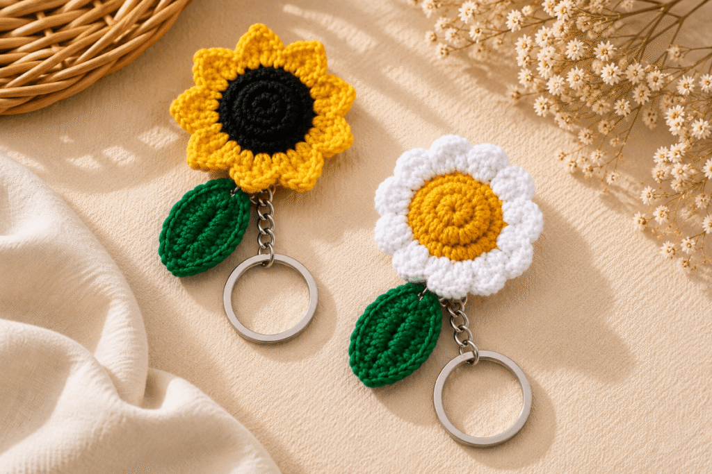 Gehäkelte Blumen-Schlüsselanhänger mit Blättern