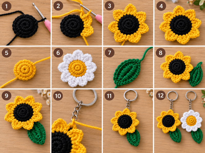Gehäkelte Blumen-Schlüsselanhänger mit Blättern Schritt für Schritt