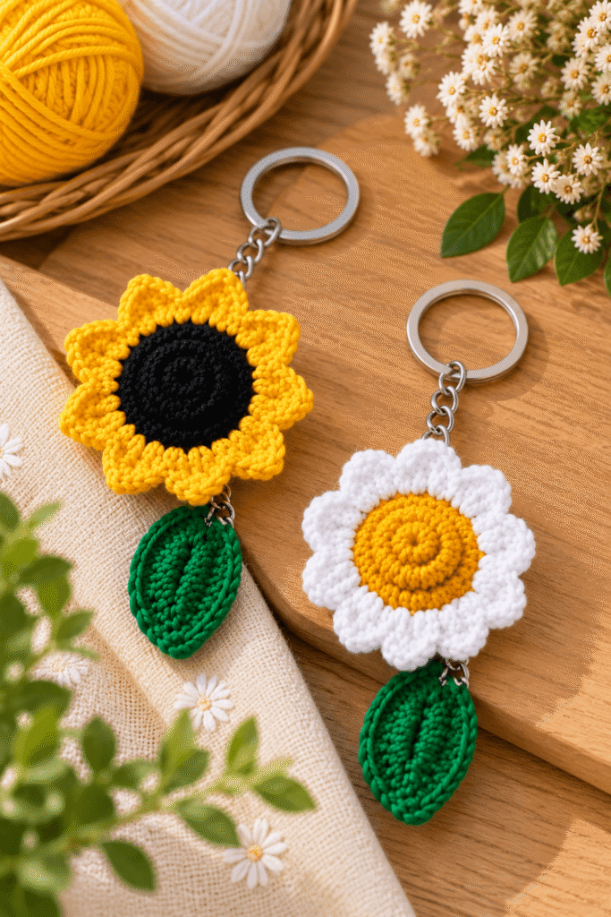 Gehäkelte Blumen-Schlüsselanhänger mit Blättern als DIY-Idee