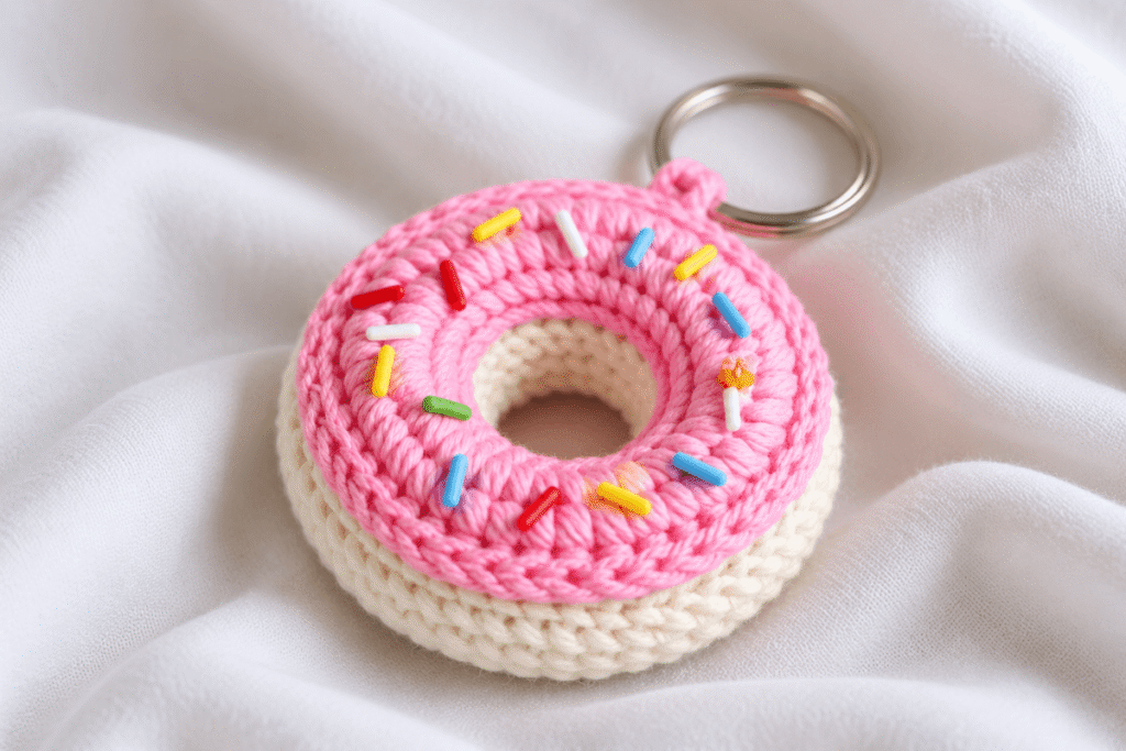 Gehäkelter Donut-Schlüsselanhänger mit bunten Streuseln