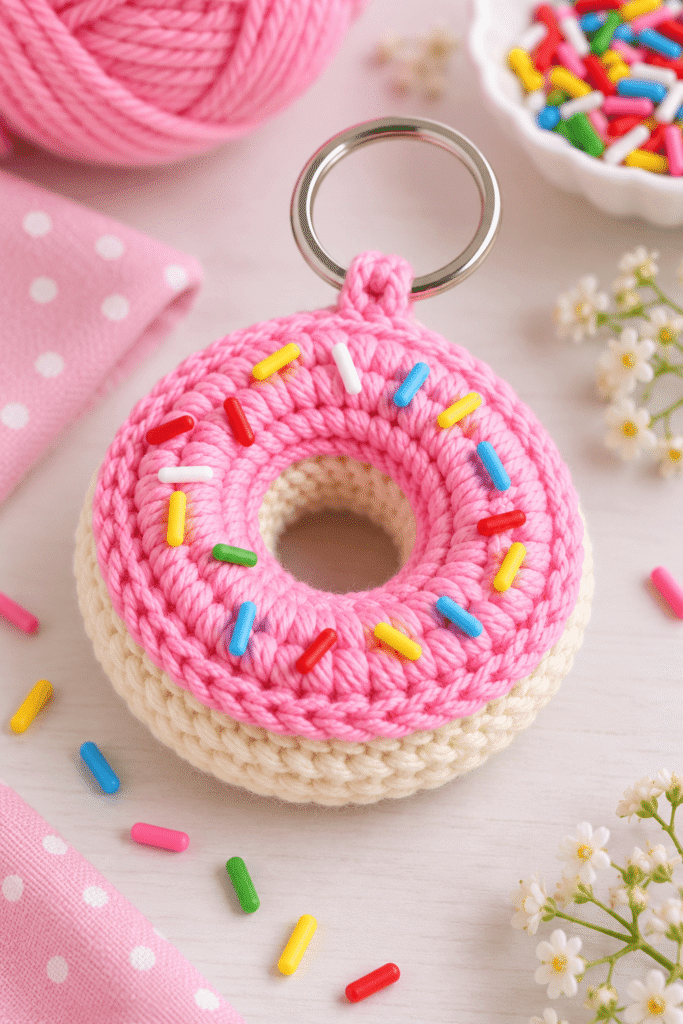 Gehäkelter Donut-Schlüsselanhänger mit bunten Streuseln als DIY-Idee