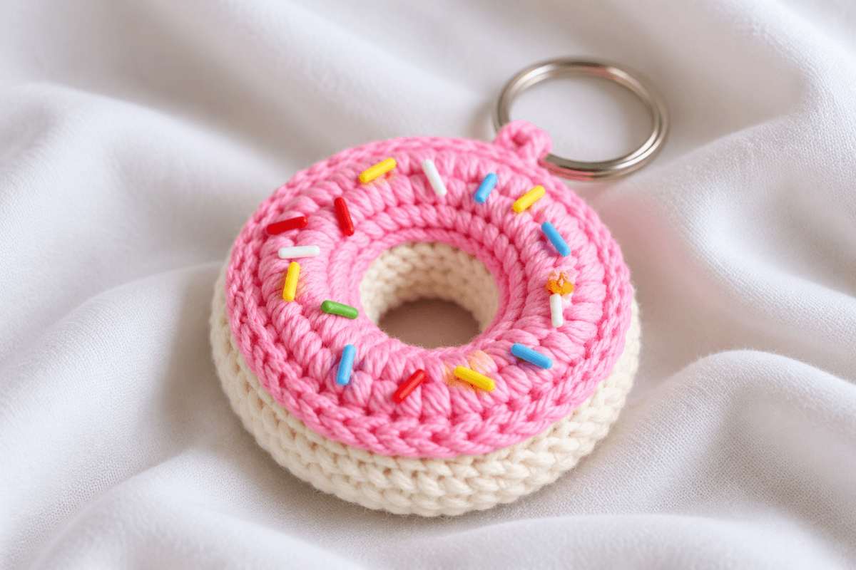 Gehäkelter Donut-Schlüsselanhänger mit bunten Streuseln