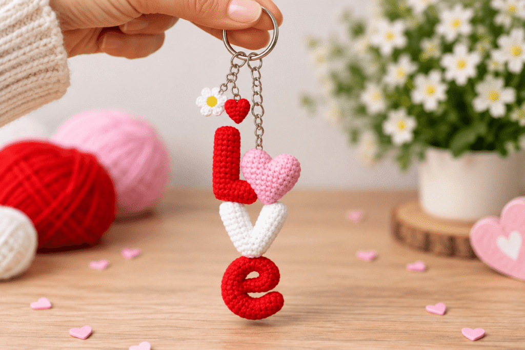 Gehäkelter Schlüsselanhänger mit Herz, Buchstabe und Blume in Rot, Rosa und Weiß