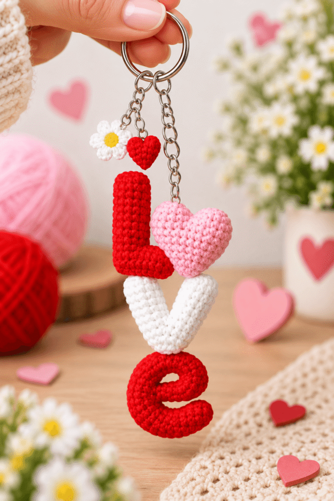 Gehäkelter Schlüsselanhänger mit Herz, Buchstabe und Blume als DIY-Geschenk