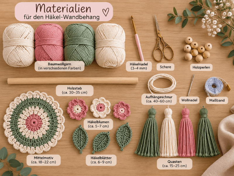 Materialien für einen Häkel-Wandbehang mit Blumen und Quasten
