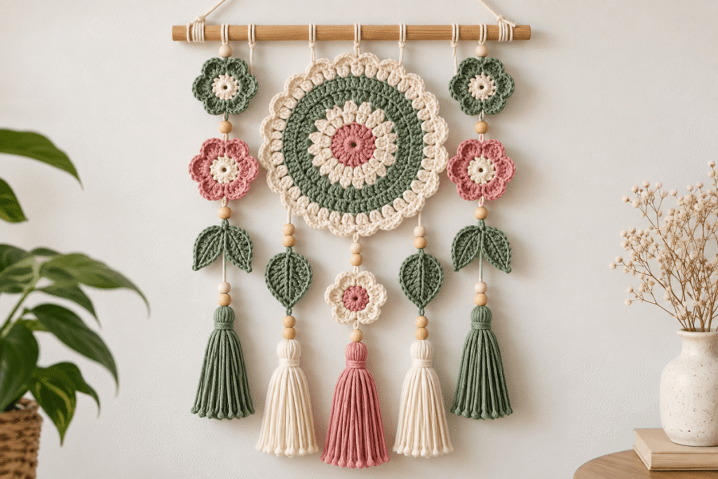 Häkel-Wandbehang mit Blumen und Quasten in Rosa, Creme und Salbeigrün